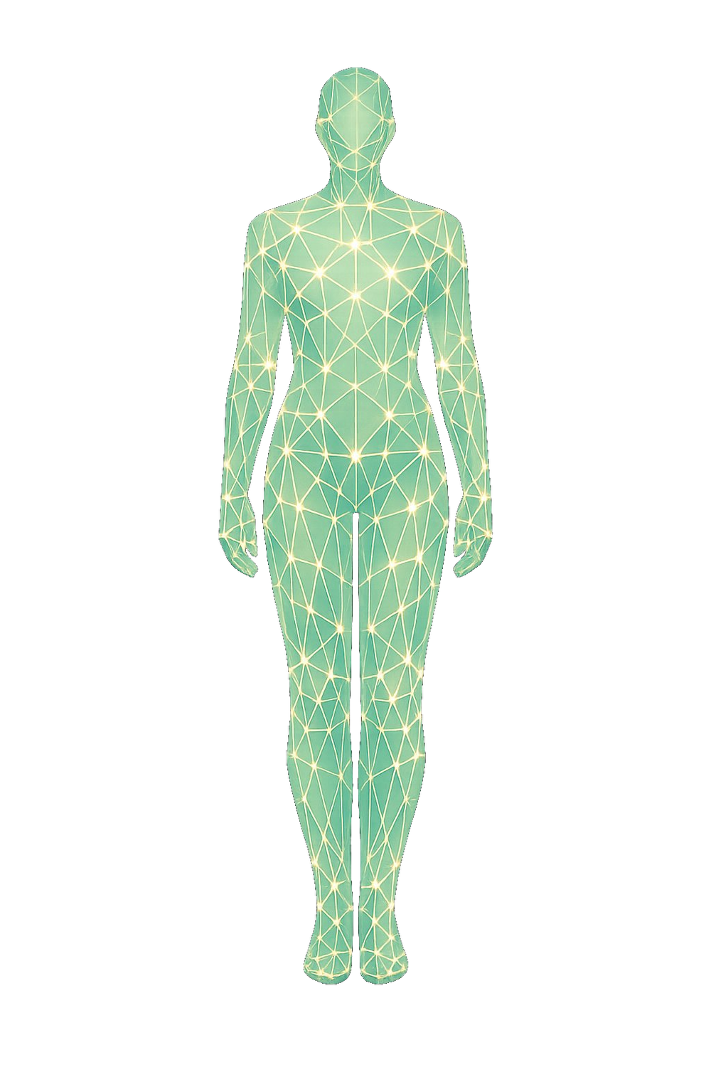 Wireframe human body figure showing the genetic data points across the body
